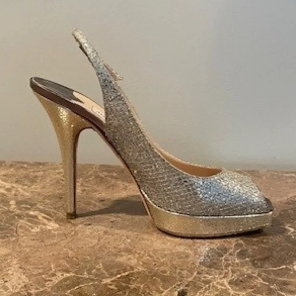 Jimmy Choo CLUE Champagne Platform PeepToe Slingback Heels – Sz 7.5